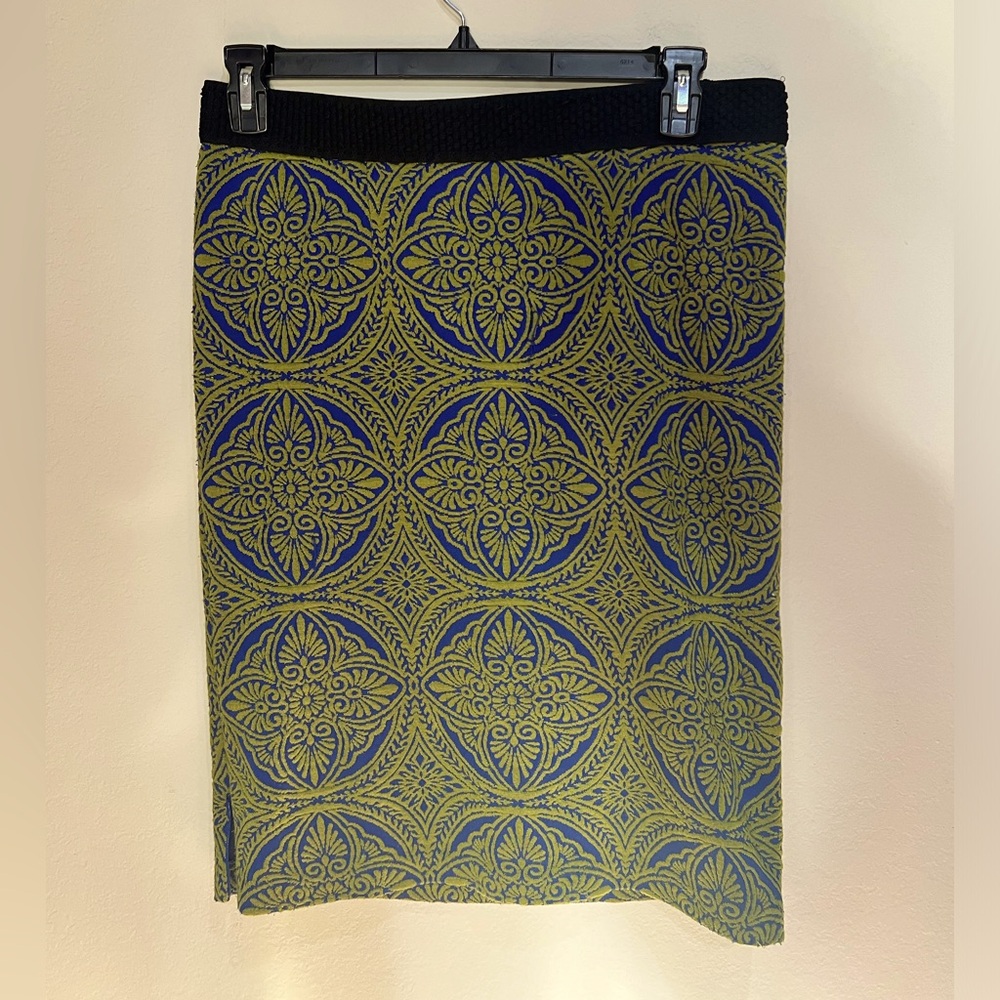 ANTHROPOLOGIE green and blue patterned midi skirt